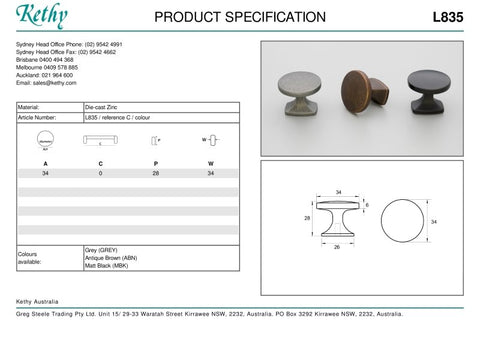 KETHY L835 CLASSIC CABINET KNOB 34MM
