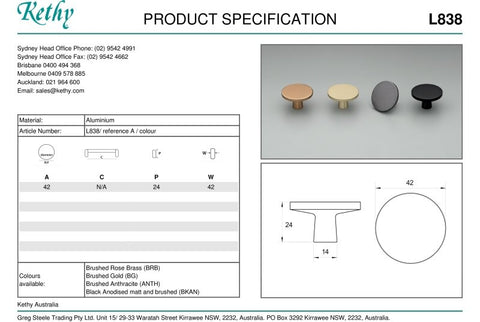 KETHY L838 CLARE CABINET KNOB 42MM