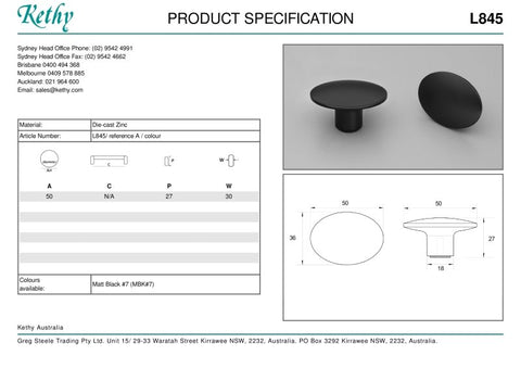 KETHY L845 DOME CABINET KNOB 50MM