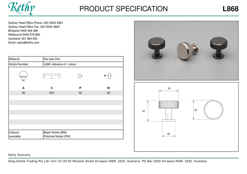 KETHY L868 SKAGEN CABINET KNOB 30MM