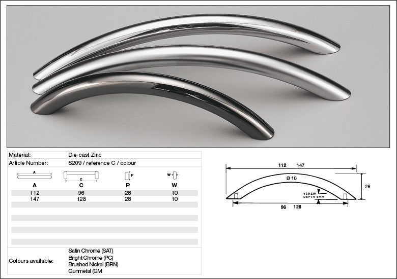 KETHY CABINET HANDLE S209 S SERIES BOW DIE-CAST ZINC