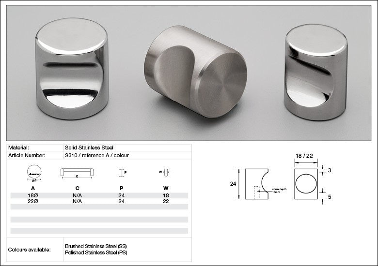 KETHY CABINET KNOB S310 S SERIES CYLINDER SOLID STAINLESS STEEL