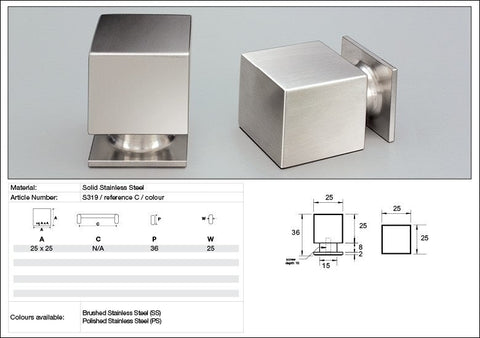 KETHY CABINET KNOB S319 S SERIES CUBE 25X25MM SOLID STAINLESS STEEL