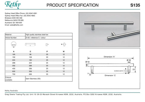 KETHY SS135 CABINET STAINLESS STEEL BAZEL PULL HANDLE